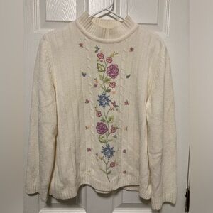 Alfred Dunner Vintage Cream Embroidered Floral Mock Neck Long Sleeve Sweater